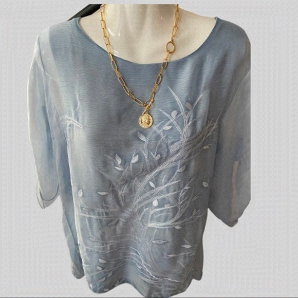 Simply Couture Double Layer Embroidery Top Blouse light blue Sz M - Picture 2 of 12